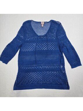 Chicos Size 2 Large Knit Pullover Blue Lace Boho Tunic Sweater Top Romantic